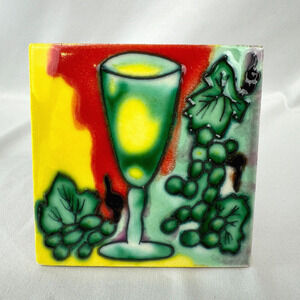 Hand Painted Ceramic Art Wine Glass Grape Leaves Tile Wall Hanging Plaque 3D 4"